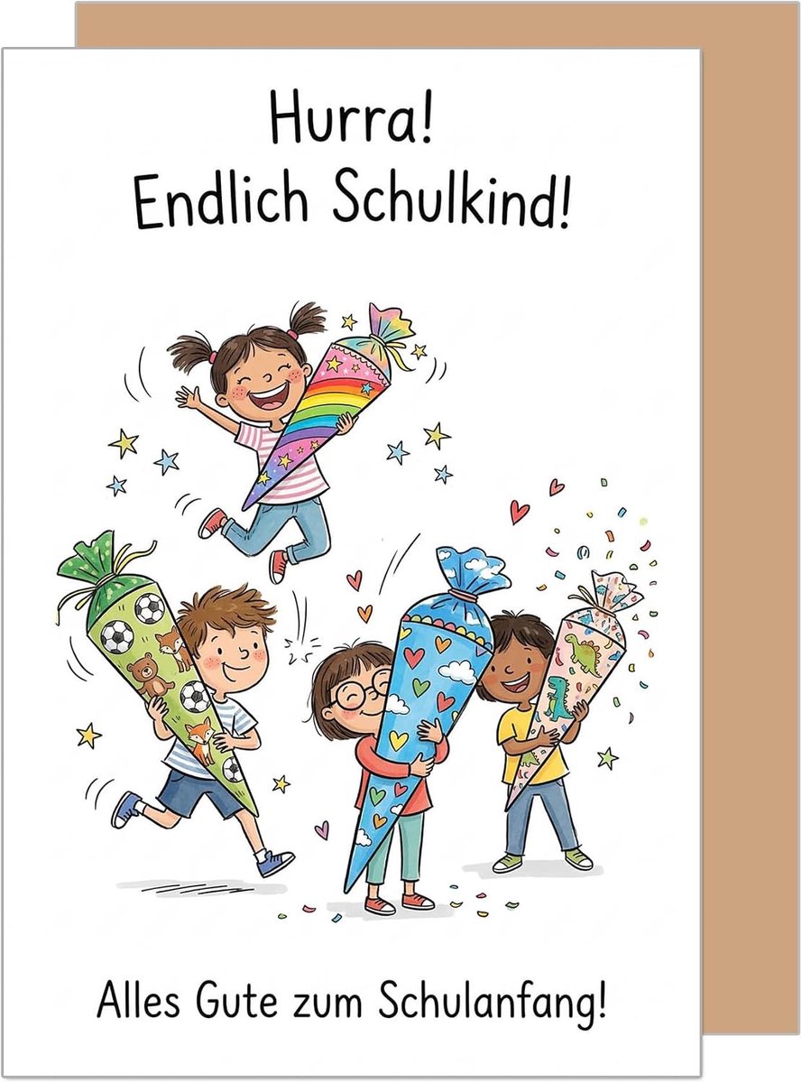 Seidel Premium wenskaart voor de eerste schooldag met envelop. eerste schoolkaart kaart eerste schoolkaart vouwkaart spreuk schoolkind meisje jongen eerste klas schoolintroductie vreugde Hurra