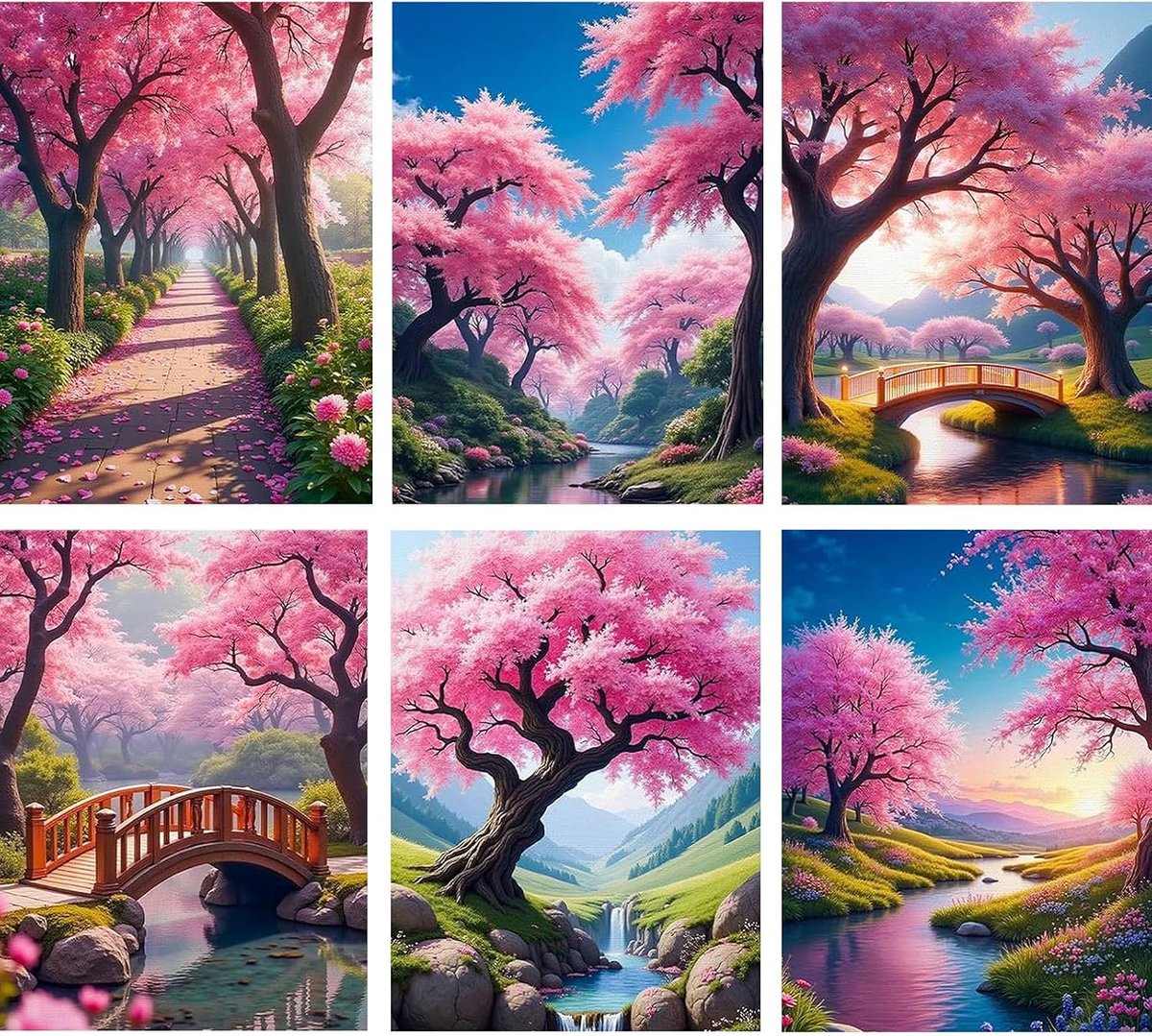 6 stuks landschapsdiamantkunstkits voor volwassenen, doe-het-zelf 5D roze kersenbloesemboom, diamantschilderset voor beginners, volledige ronde boorpunten mozaïekkunst voor thuis muurdecoratie