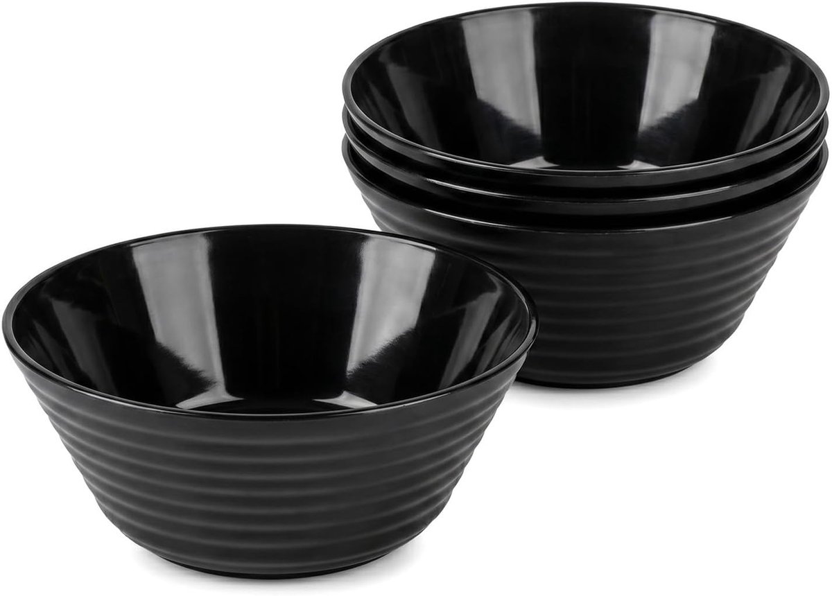 4 Delige Set Borden 20 cm Groot Zwart, Mueslibowl Groot van Kunststof, Herbruikbaar, Saladebowl van Kunststof voor Muesli, Salade, Ramen en Soep, Magnetron & Vaatwasserbestendig