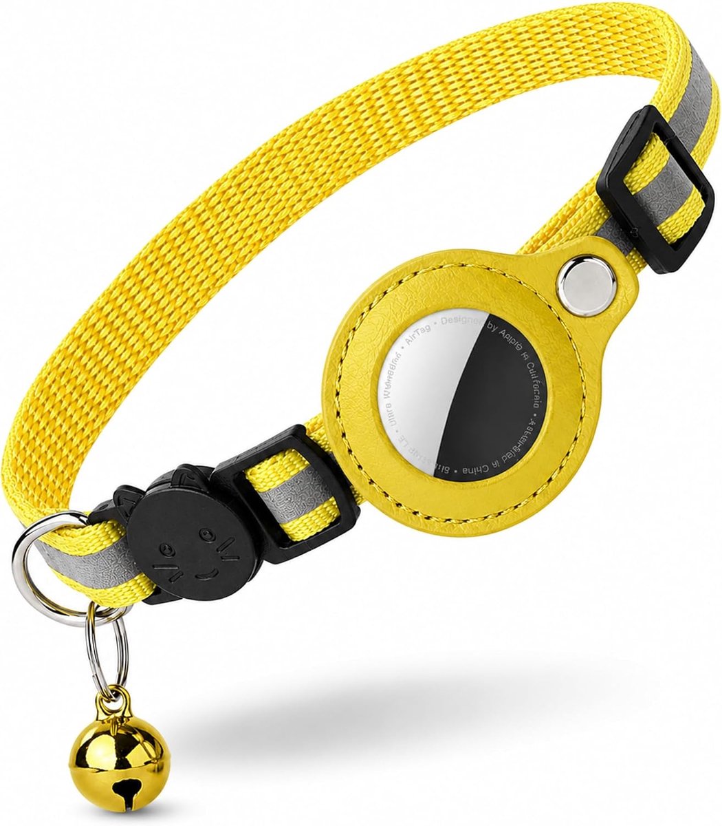 Kattenhalsband voor AirTag met RVS Schroef, Anti-Wurging Veiligheidsgesp Verstelbaar 19-32cm Reflecterend Lichtgewicht 15g Hoge Zichtbaarheid 360° 150m, Geel