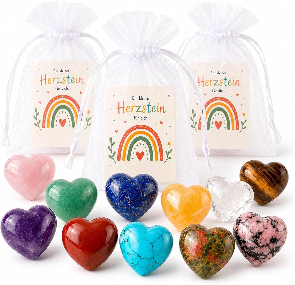 12-delige set Hartstenen voor jou klaar verpakt – Kleurrijke natuurstenen harten met kaart en organzazakje, kleine geluksstenen om cadeau te geven, te verzamelen (12-delige set - 20 x 10 mm)