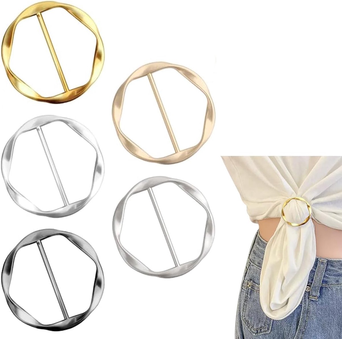 5 x elegante ronde clips voor T-shirts, kleding, hoeken, knopen, sjaal, ring, mode, zijde, gesp, metalen cirkelclip, modieus, rond, metaal, cirkel, dames, T-shirt, clips