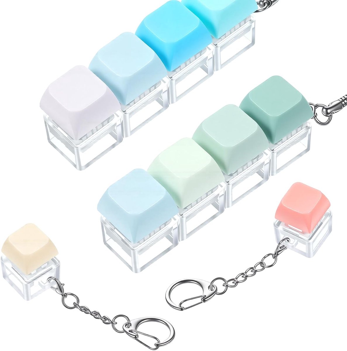 4 stuks fidget-speelgoed voor volwassenen, kleurrijke keycaps, speelgoed, fidget-toetsenbord, sleutelhanger, lineaire klik voor mannen en vrouwen (groen, geel, wit, blauw)