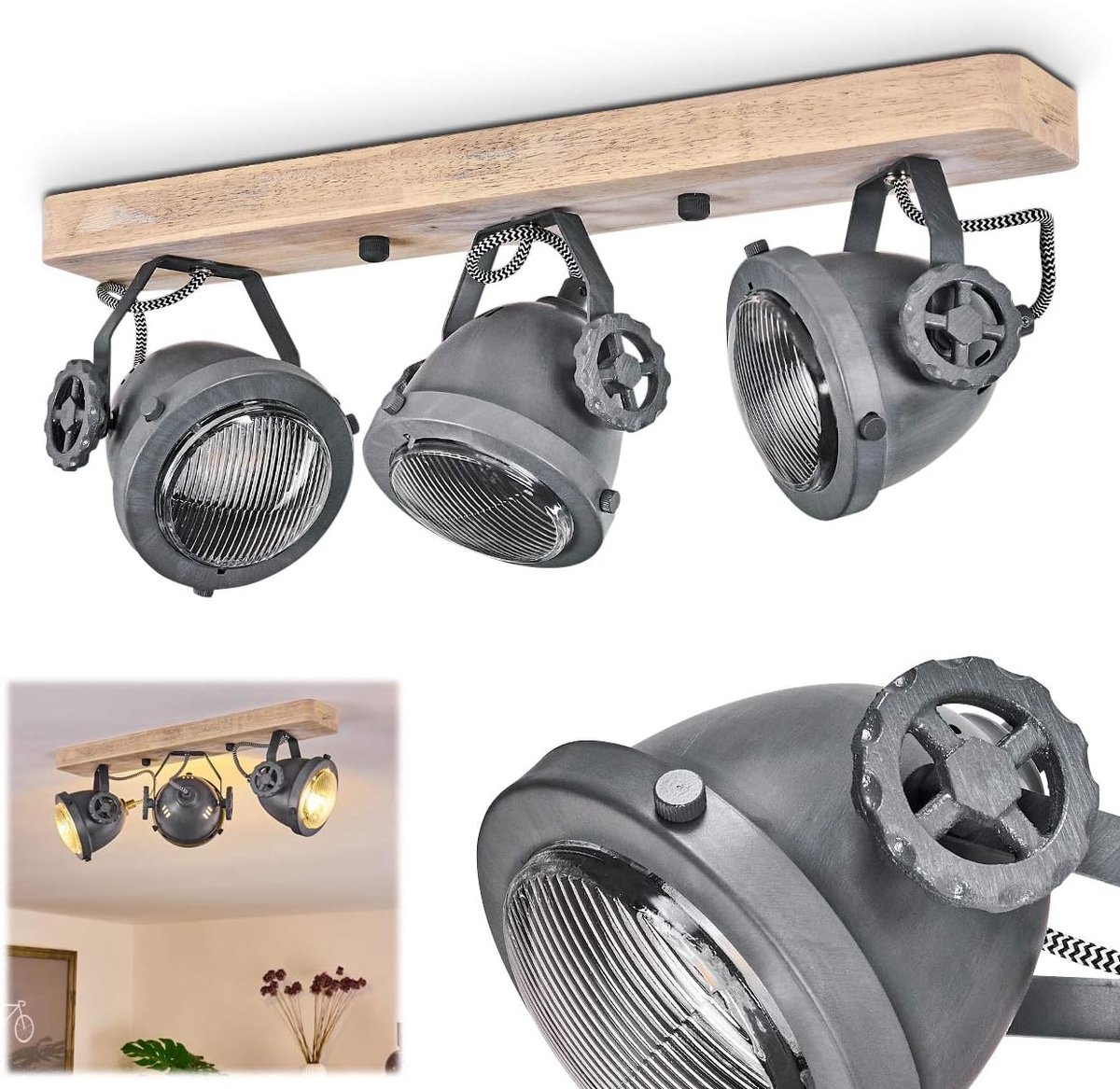 Plafondlamp Herford, verstelbare plafondlamp van metaal/hout/glas in grijs/bruin/natuur, 3 vlammen, 3 x GU10-socket, draaibare en kantelbare spot in retro design, zonder gloeilampen