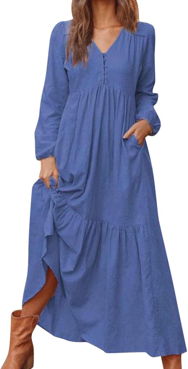 Leinenkleid Damen Sommer Leinenkleider Damen Lang Langarm V-Ausschnitt Maxikleid Baumwoll Leinen Kleid Boho Sommerkleid Strandkleid Einfarbig Locker Kaftan Langes Kaftan Kleid Freizeitkleid
