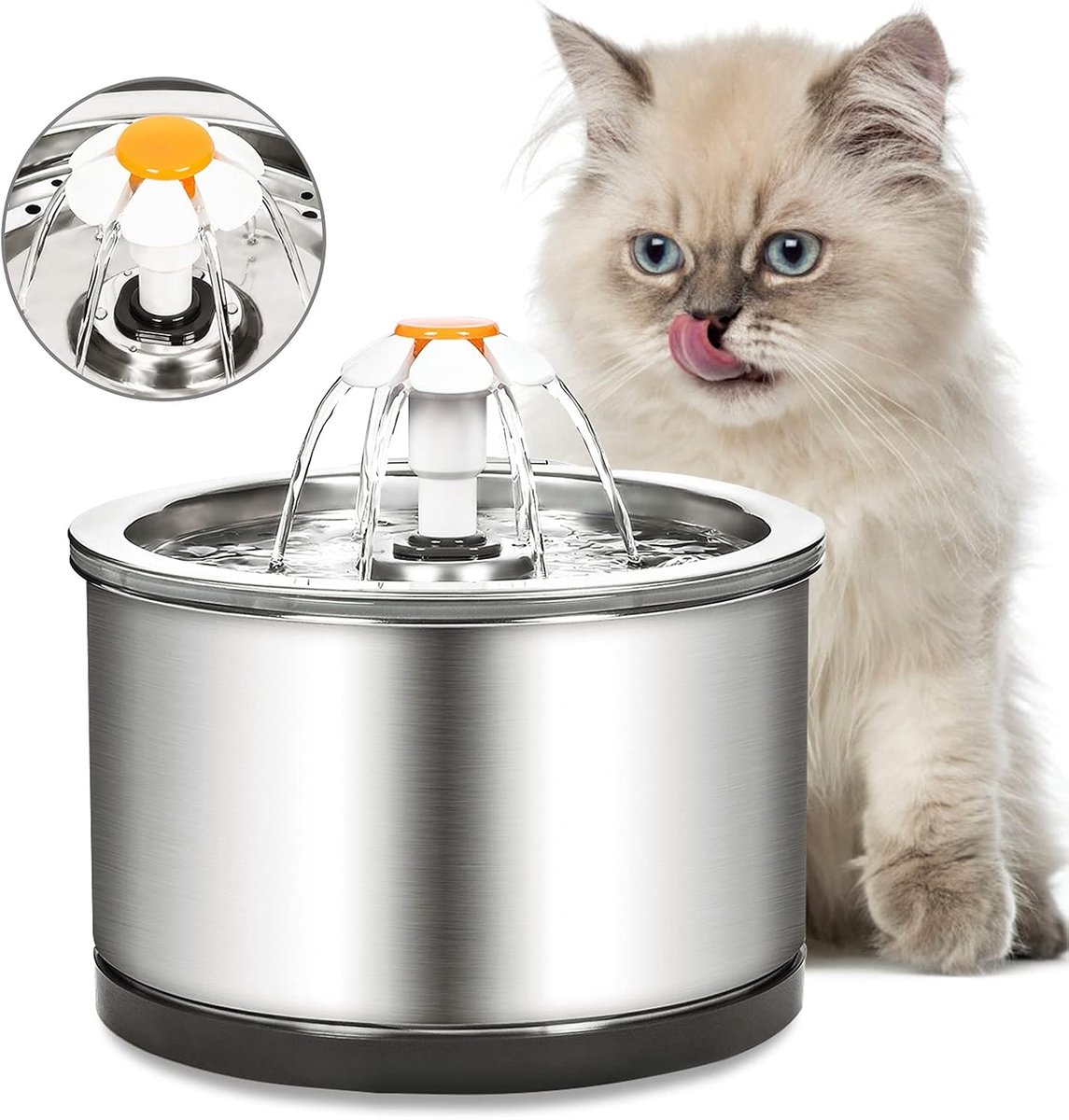 Shine Kattenfontein van roestvrij staal, 2,5 liter, zeer stil, waterdispenser met ledlicht en filter, 4-traps filtering