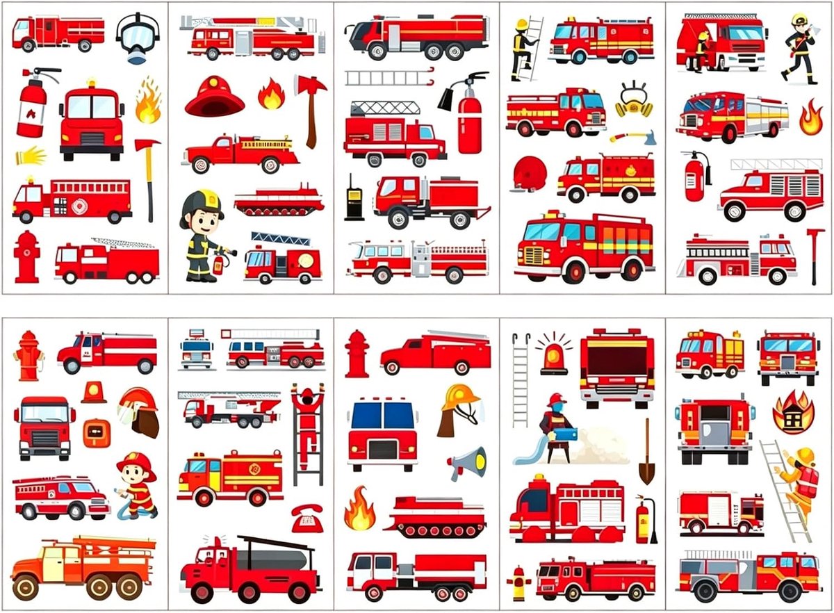 Tijdelijke tatoeages kinderen, set van 10 vellen met diverse brandweerontwerpen, tatoeages brandweer kinderen eenvoudig aan te brengen met water, tatoeages bestand tegen water voor kinderen