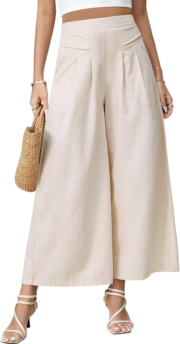 Wijde pijpen broek linnen broek elastische hoge taille broek met zakken effen kleur 7/8 broek casual uitlopende Palazzo Loose Fit Lounge Wear broek