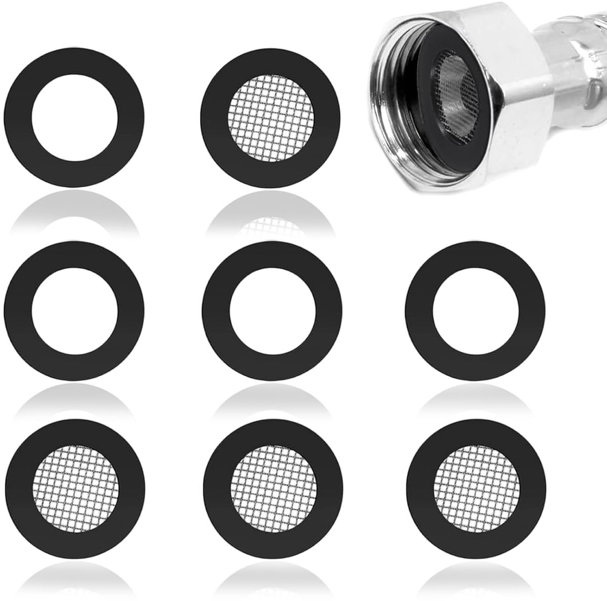 Set van 8 afdichtingen voor doucheslang, afdichting met 4 douchekopfilters van 3/4 inch en 4 rubberen sluitringen, zwarte kopafdichtingen voor 1/2 inch douchekoppen