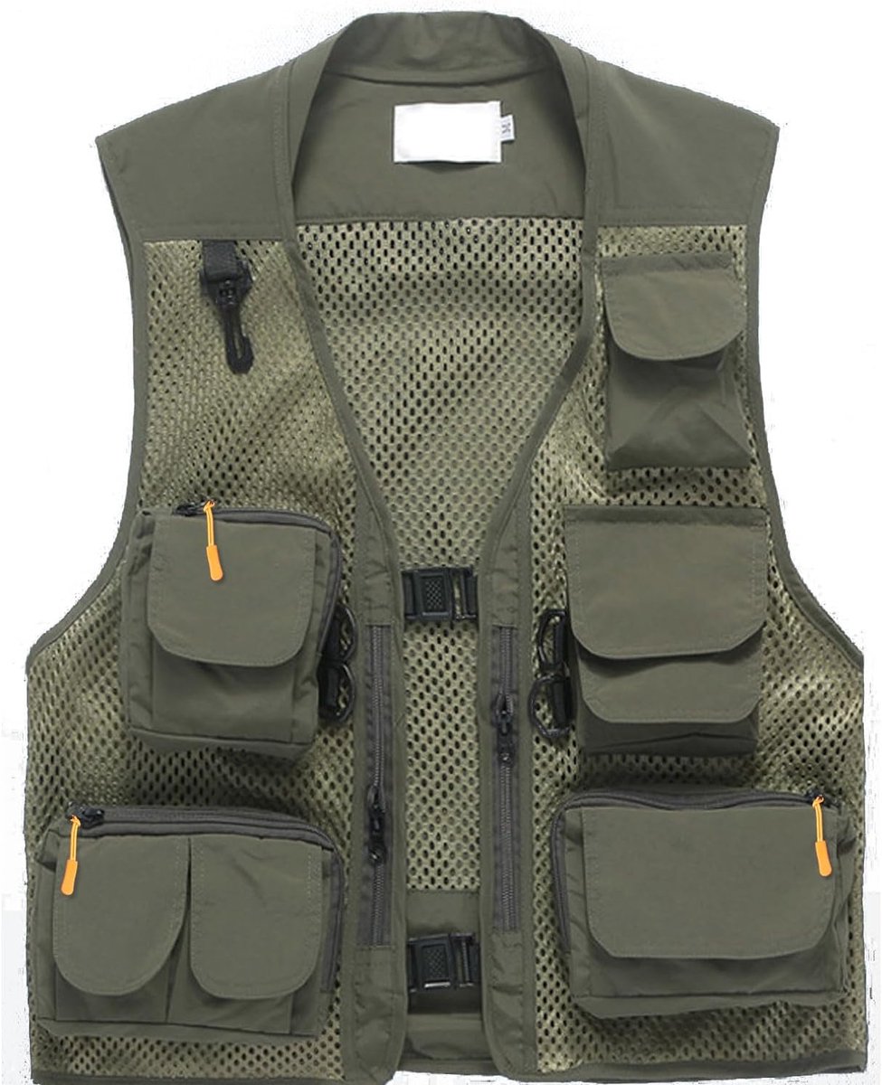 Herenvest met meerdere zakken, outdoorvest, vissen, kamperen, slijtage, ademend mesh, vrijetijdsvest
