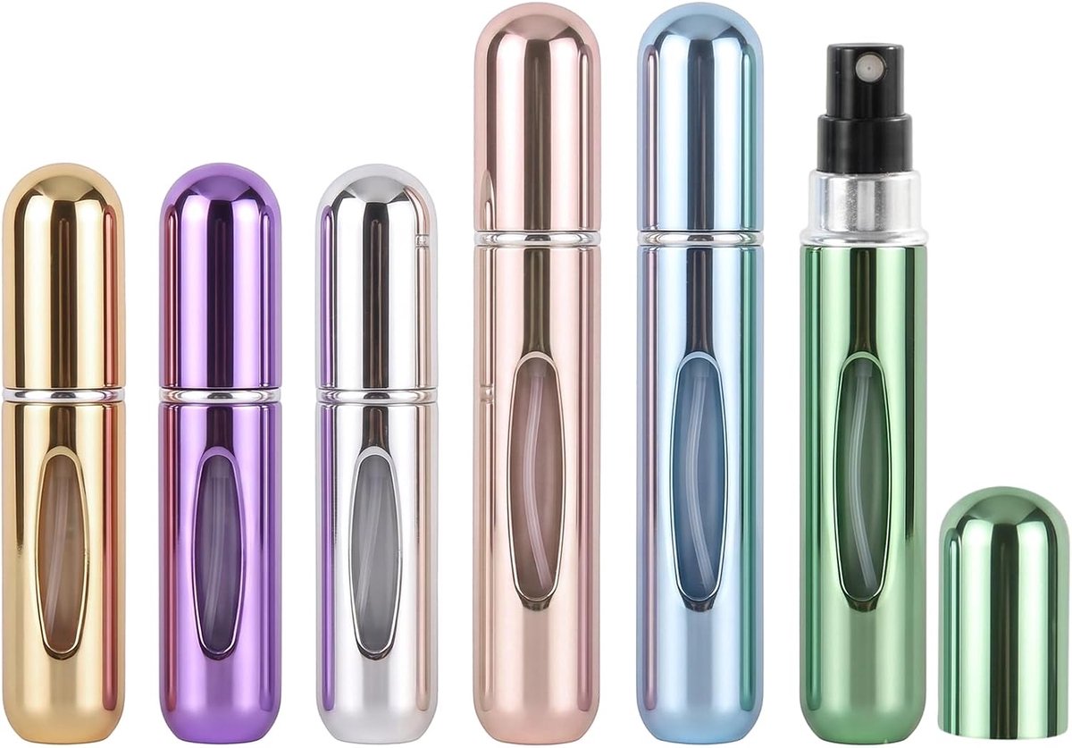 Parfumverstuiver, 6 stuks (3 x 5 ml + 3 x 8 ml), spuitfles voor reizen en vliegtuig, draagbare parfumfles voor handtas, verpakking met 6 metallic kleuren voor parfumdecanters