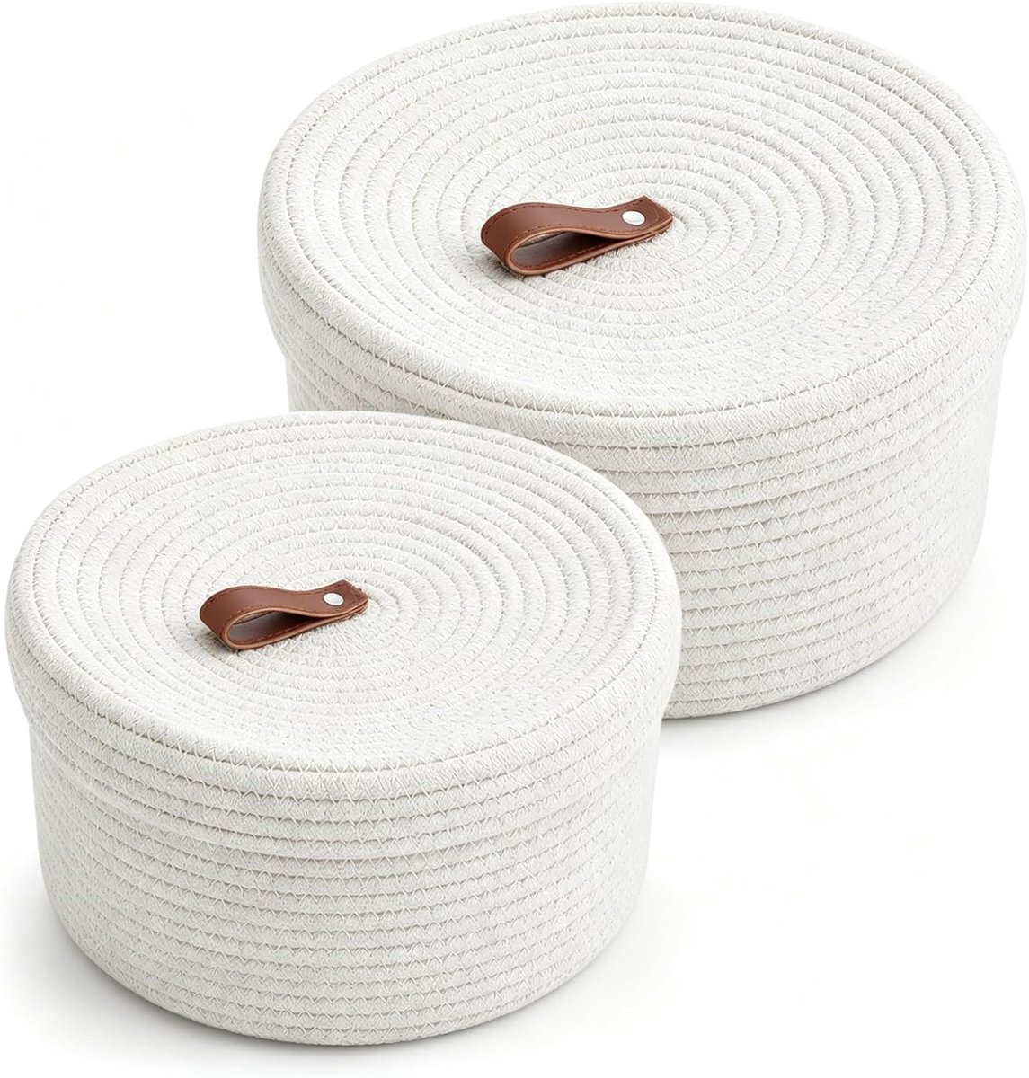2 stuks katoenen touw, opbergmanden met deksel, Ø 23 x 12,5 cm en Ø 28 x 16,5 cm, opbergmand met deksel, gevlochten voor kinderkamer, keuken, badkamer, kantoor, wit