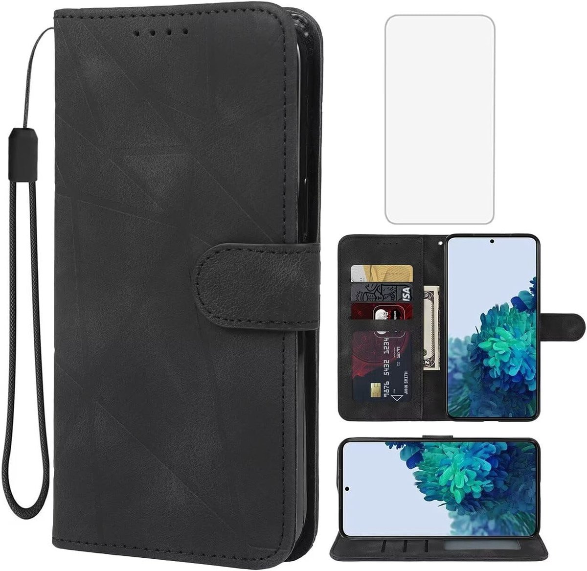 Cover voor Galaxy S22 5G, voor Samsung S22 SM-S901U Screen Protector Schermbeschermer, Lederen Flip Wallet Case Hoesje voor Samsung Galaxy S22 zwart