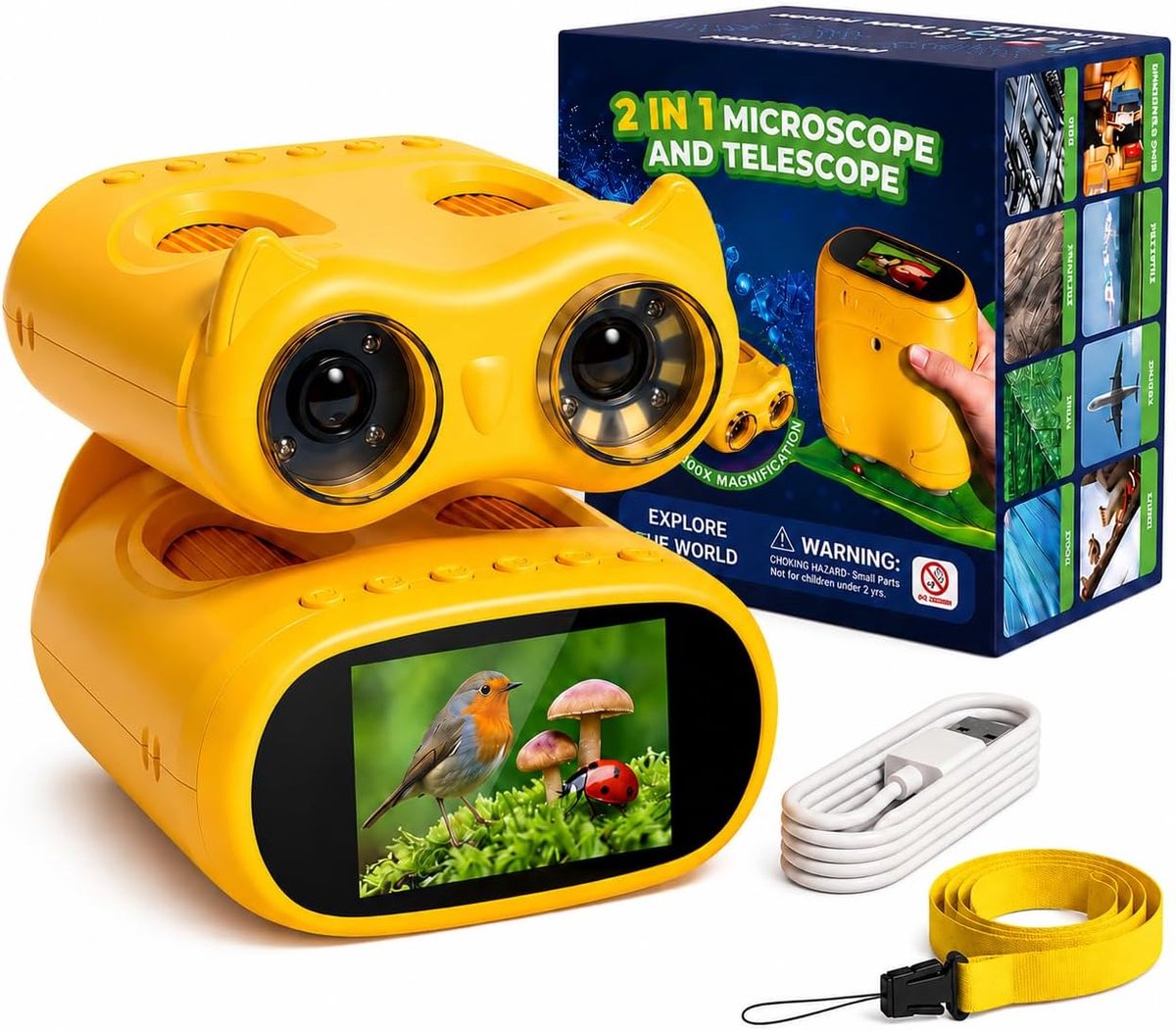 2-in-1 microscoop voor kinderen en verrekijker kinderen, 2,0 inch IPS HD microscoop, 1000x vergroting, telescoop met 8 leds, 1080p, natuurlijk outdoorspeelgoed voor meisjes en jongens