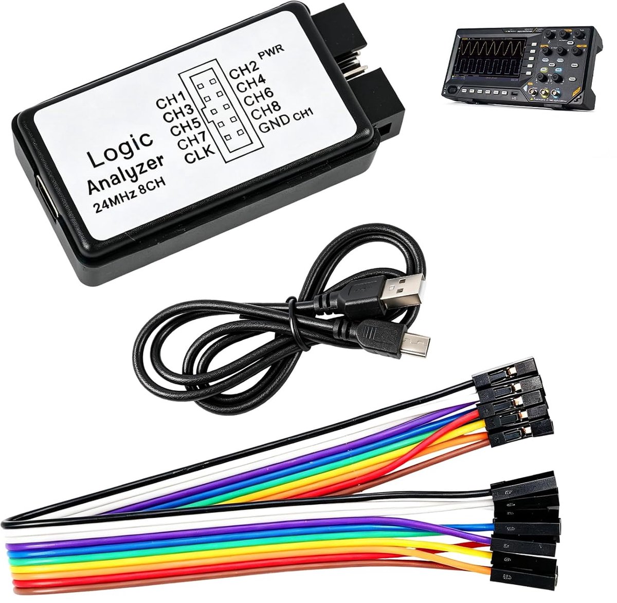 Logic Analyzer USB 8 kanalen 24 MHz, Logic Analyzer 8CH hoge snelheid met USB-kabel en Dupont draden, UART SPI I2C debugging gereedschap voor Arduino elektronische microcontroller, analyse digitale