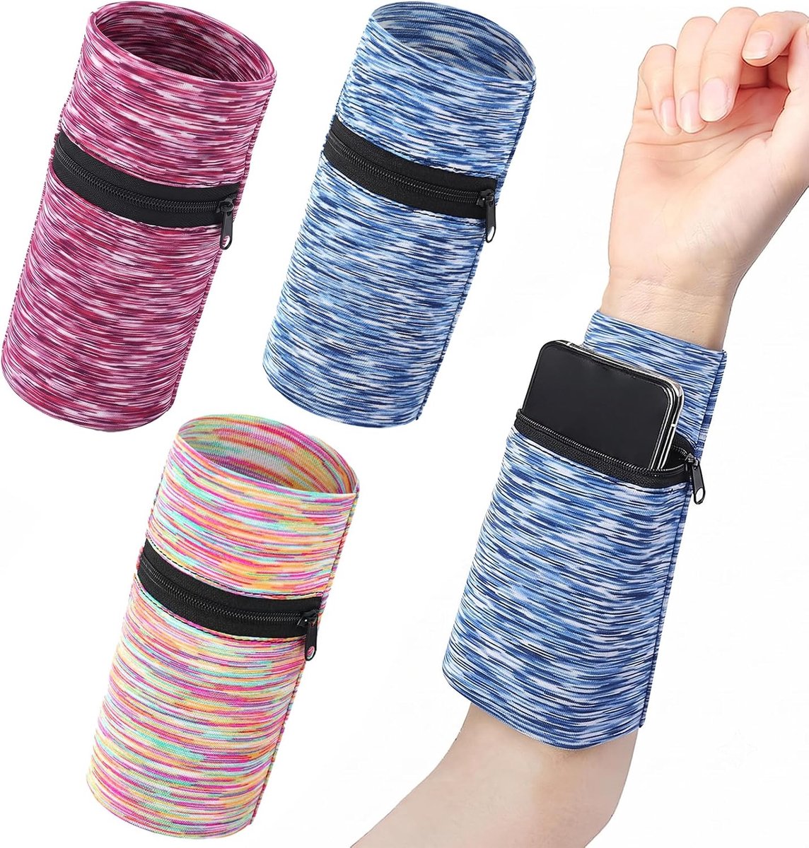 3 stuks zweetbanden met ritssluiting, polstas met praktische ritszak, sport, polstas van katoen, zweetband, arm voor joggen, basketbal en tennis
