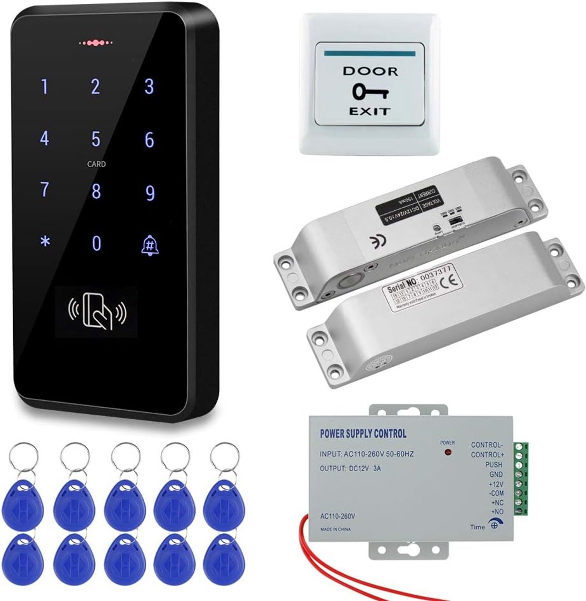 Waterdichte kit toegangscontrolesysteem buitendeuren RFID-toegangscontroletoetsenbord + elektrische valvergrendeling + voeding + 10 stuks sleutelhangers voor thuis