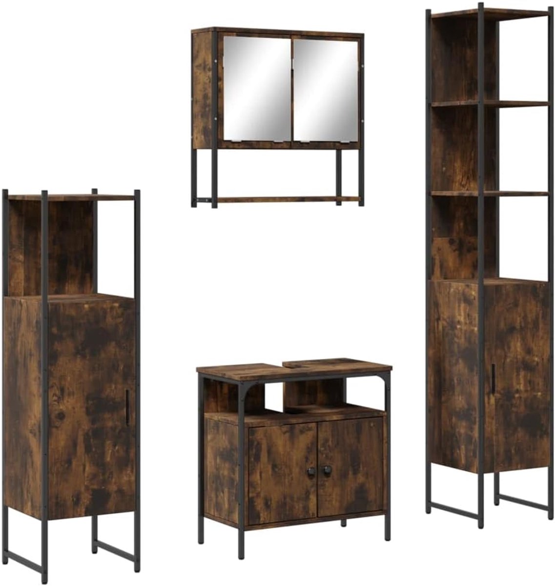 4-delige badkamermeubelset rookeiken van hout met veel opbergruimte, incl. spiegelkast en wastafelonderkast, ruimtebesparend wandontwerp voor uw badkamer