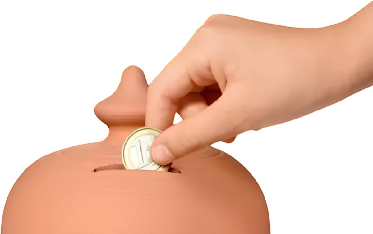 Spaarpot van terracotta, hoogte 25 cm, groot, klassiek, terracotta, om te breken zonder deksel, handgemaakt, rond, onbehandeld, van kokosnoot, traditionele keramische spaarpot voor munten en
