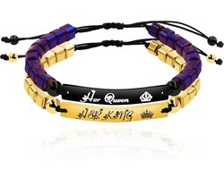 Armbanden Paars Haar Koningin en Goud Haar Koning 2 Hematiet Kralen Verstelbare Armbanden Set voor Vrouwen Mannen Koppels Y1452-3D, Steen, Hematiet