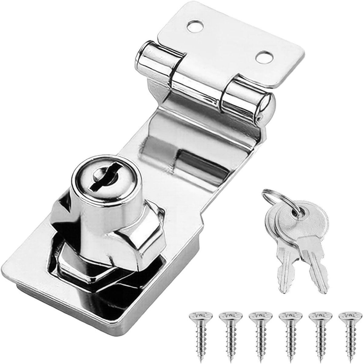 Sleutel, deurgrendel, rechterhoek, grendelslot, klikgrendel, roestvrij staal, veiligheidsslot voor kasten, keukenkast, lade, kledingkast, voordeur (zilver, 7,6 cm)
