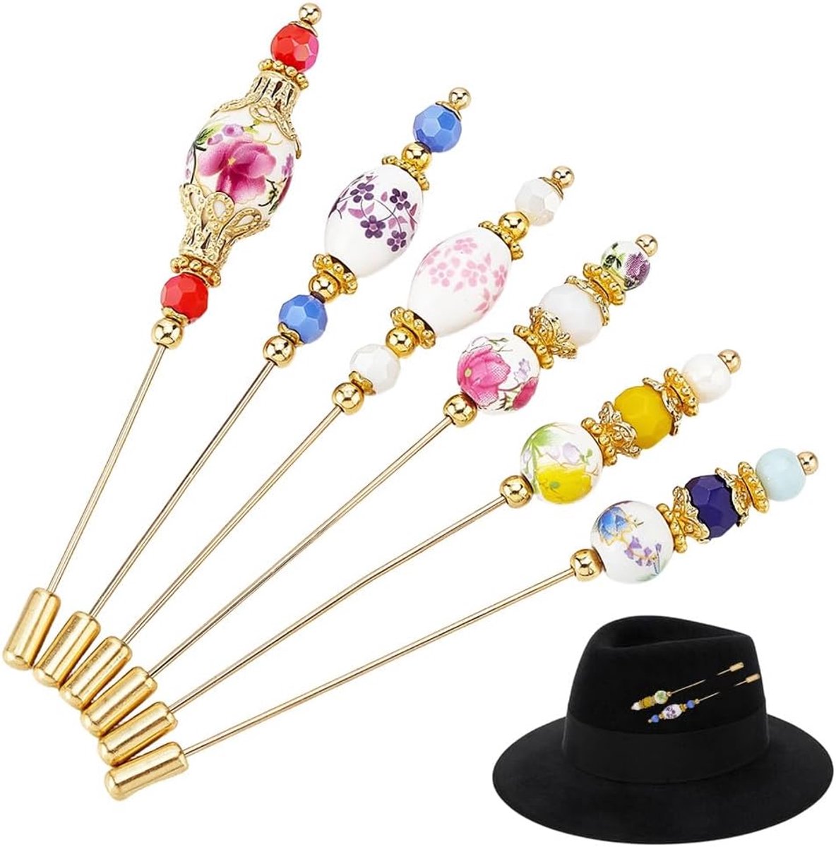 6 stuks porseleinen hoedspeldjes lange messing reversspeldjes 4,86 ~ 5,14 inch elegante lange steel hoed spelden met plant bloem westerse broche voor vrouwen decoratieve stropdas sjaal