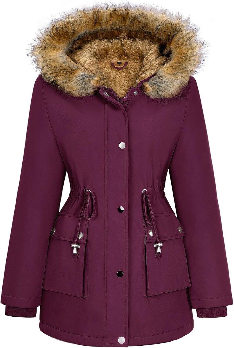 Winterjas voor dames, warm, waterdicht, gevoerd, middellange winterparka met verstelbare taille en afneembare sierbies