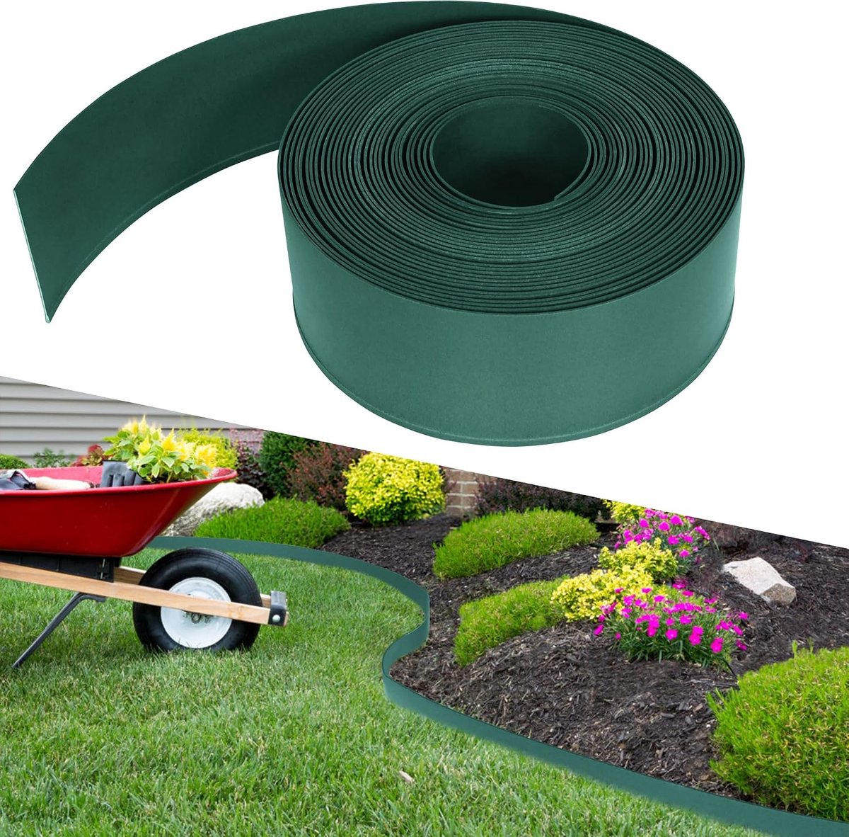 Gazonrand, kunststof, 20 m, hoogte 12 cm, buigbaar en snijbaar, bloembed omranding voor tuin, gazon, robuuste maairand, tuinpalissade, groen