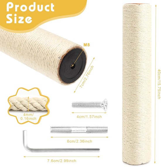 vervangende stam, 2 stuks, Ø 7 x 40 cm, wit met M8, sisal krabpaal met schroeven, stapelbaar tot 80 cm, reserveonderdelen voor krabpaal, krabpaal voor katten, eenvoudige montage — afbeelding 2