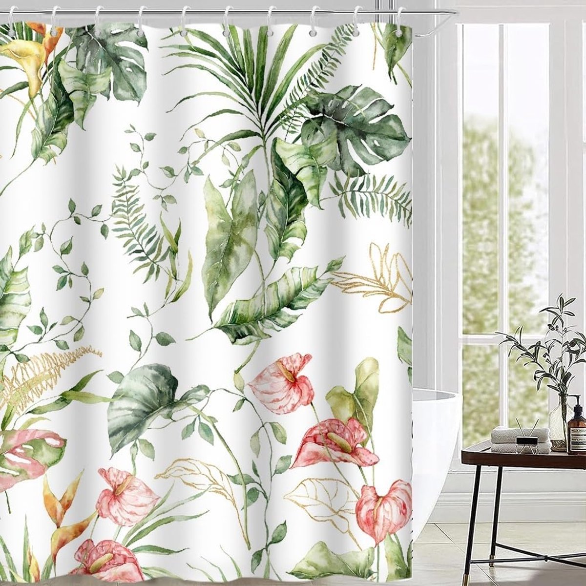 Douchegordijn, 180 x 180 cm, anti-schimmel, tropische groene palmbladeren, jungle, roze, bloemen, douchegordijnen, stof, wasbaar, waterdicht, polyester, badgordijn met 12 haken, voor badkamer