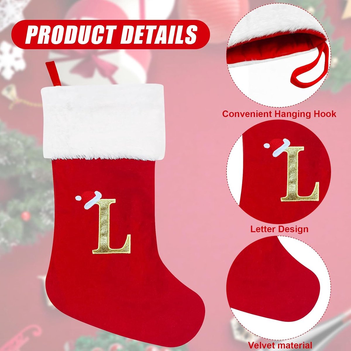 Kousen, 48 cm, gepersonaliseerde kerstkous met brief, groot monogram, rode kerstkousen met naamplaatje, pluche hangende kousen, geschenken sok voor kerstdecoratie, boom, vakantie-ornament (L)