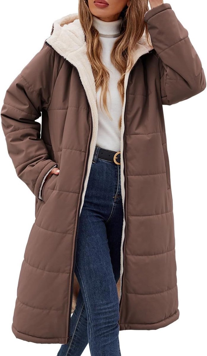 Winterjas voor dames, warme lange gewatteerde jas met capuchon, omkeerbare sherpa-fleece, winterjas, longline, gewatteerde jas, winterparka voor dagelijks gebruik en outdoor, gewatteerde jas