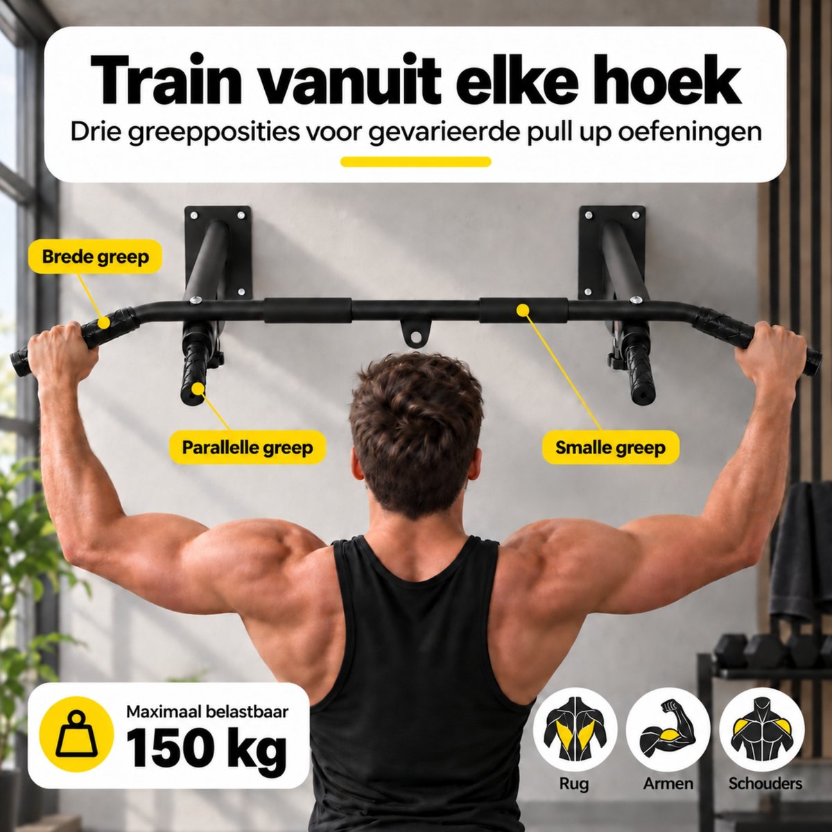 Pull Up Bar - Pull up bar wandmontage - Pull up bar muur - Optrekstang - Thuis Sporten - Bokszak standaard - Bokszak muurbeugel - Pull up station - Belasting 150 Kg - Zwart thumbnail 2