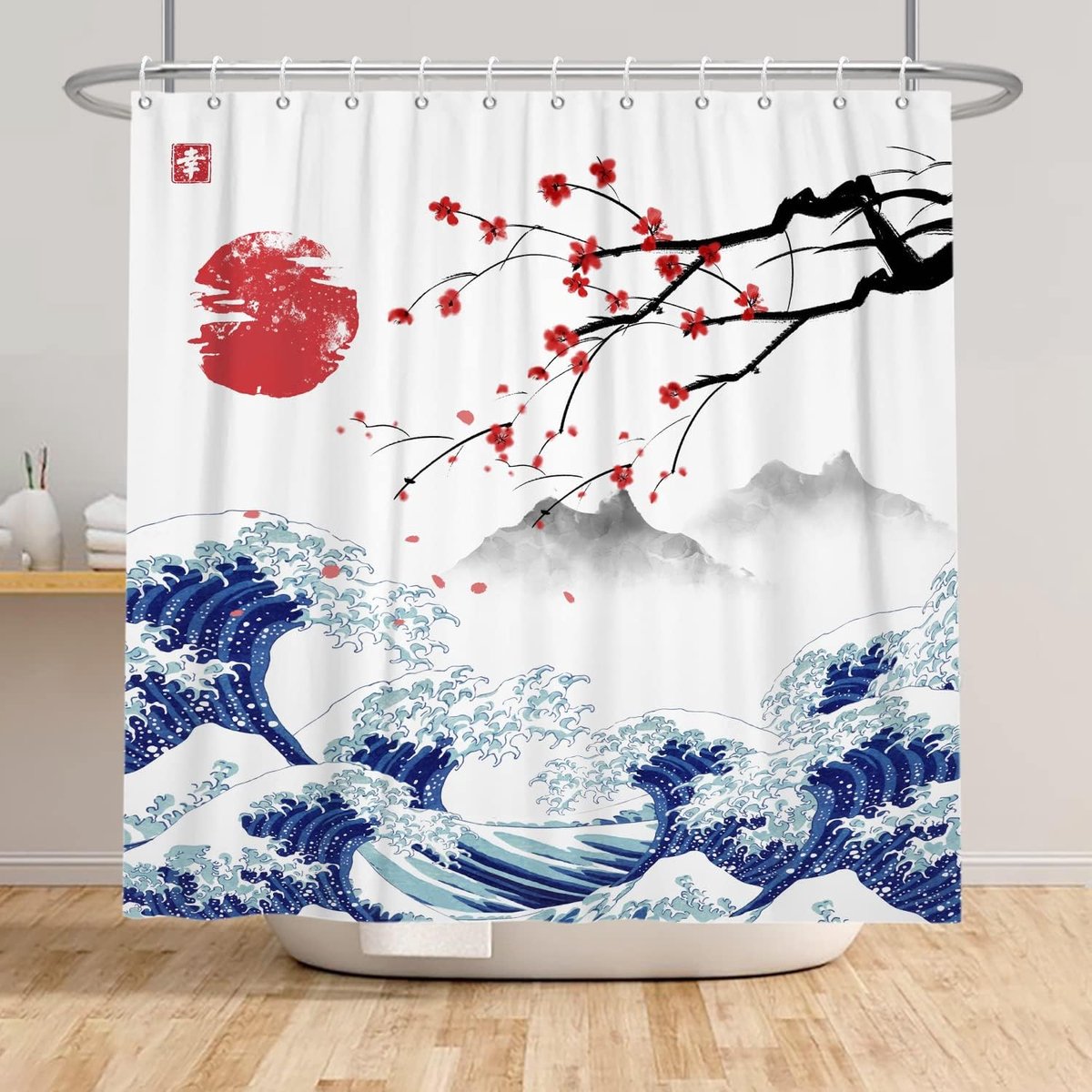 180x243cm Japanse Mount Fuji douchegordijn kersenbloesem zonsondergang Aziatische inkt schilderij badgordijn golf landschap schilderij badkuip gordijn voor badkamer decor stof waterdicht met haken