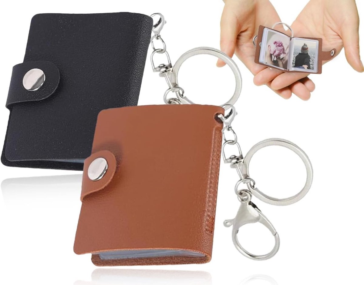 Set van 2 Mini Fotoalbums, Handgemaakt Pocket Fotoalbum met Sleutelhanger, Persoonlijk Leer Fotoherinnering (5.5cm, Zwart en Bruin) - Perfect voor Herinneringen, Cadeau en Organisatie