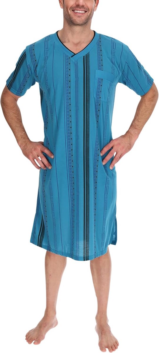 heren korte mouw nachtjas nachtkleding slaaphemd, maat: M, kleur: waterblauw, Nachthemd, kort, waterblauw, M