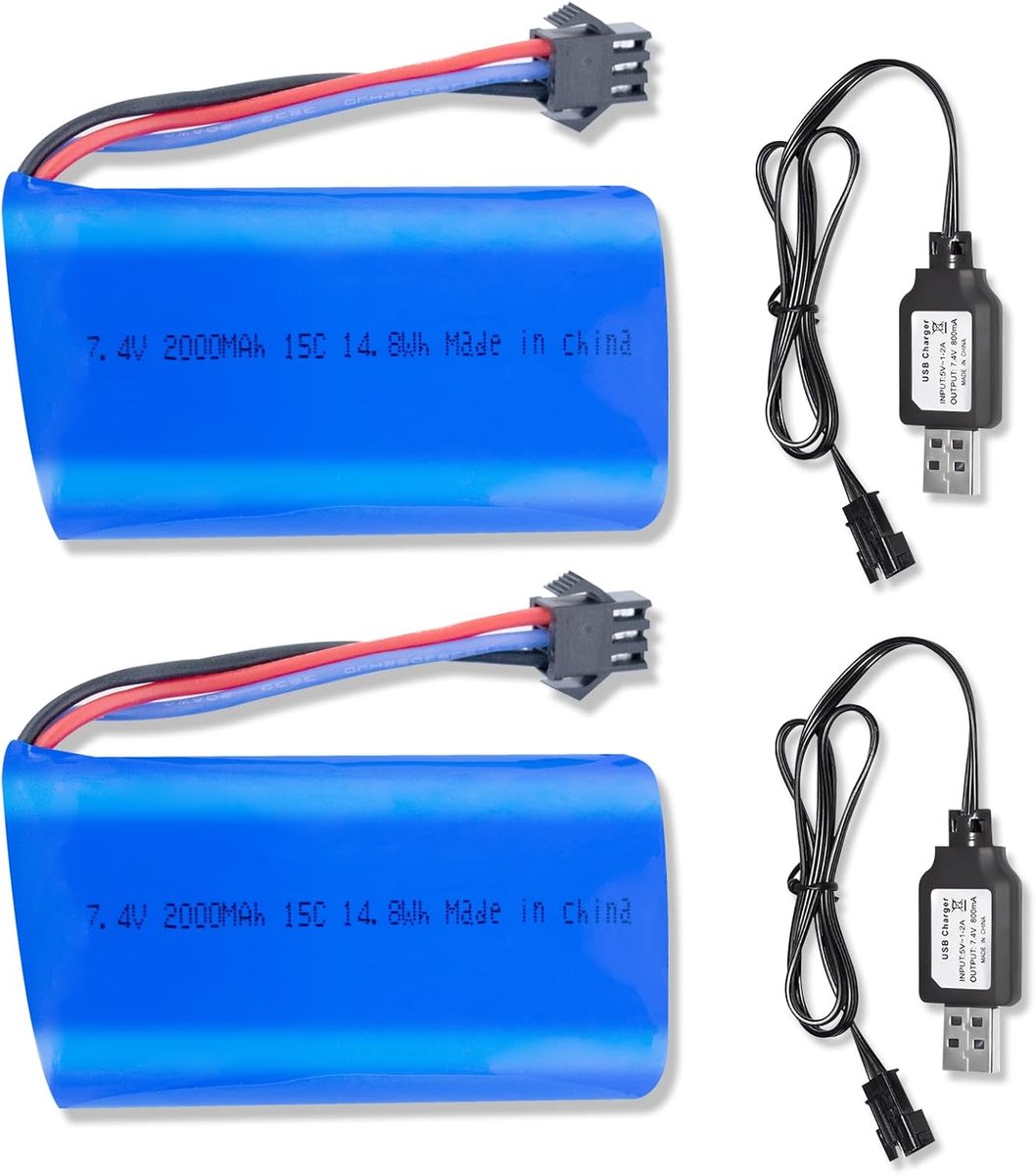 2 stuks 7,4 V 2000 mAh 15C 2S met SM-3P-aansluiting krachtige accu met 2 USB-laders voor RC auto's, RC trucks en RC boten