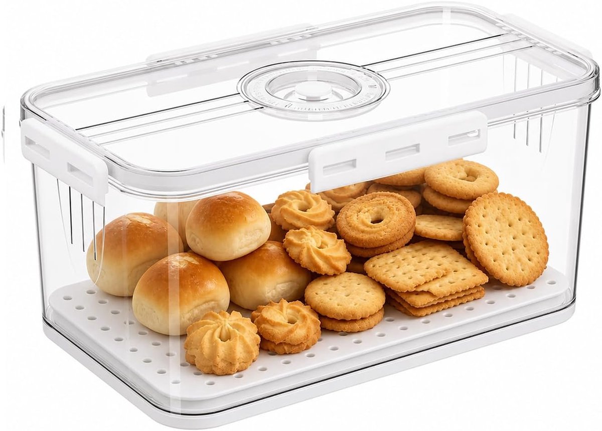 Broodtrommel broodtrommel, brooddozen voor het bewaren van brood, broodtrommel met deksel voor aanrecht, luchtdicht, PET-materiaal voor keuken, toast, bagel, donut, brood (wit, medium)