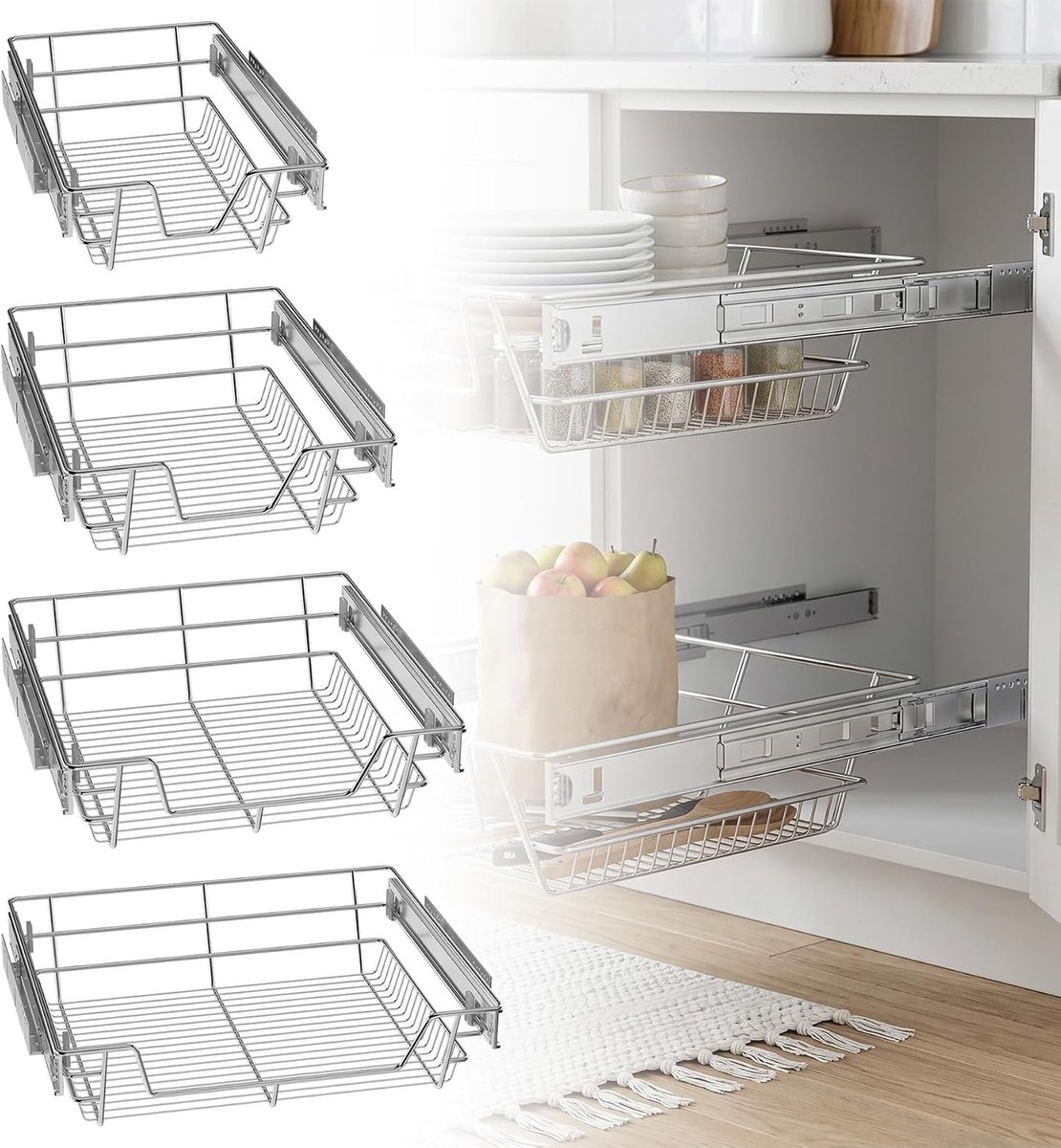 Telescopische lade, set van 2 keukenkast, uittrekbare mand, 60 cm, kastbreedte, metaal, zilver met rails, lade-inzetstuk, keukenlade, mand, uittrekbare kastorganizer voor keukenopslag
