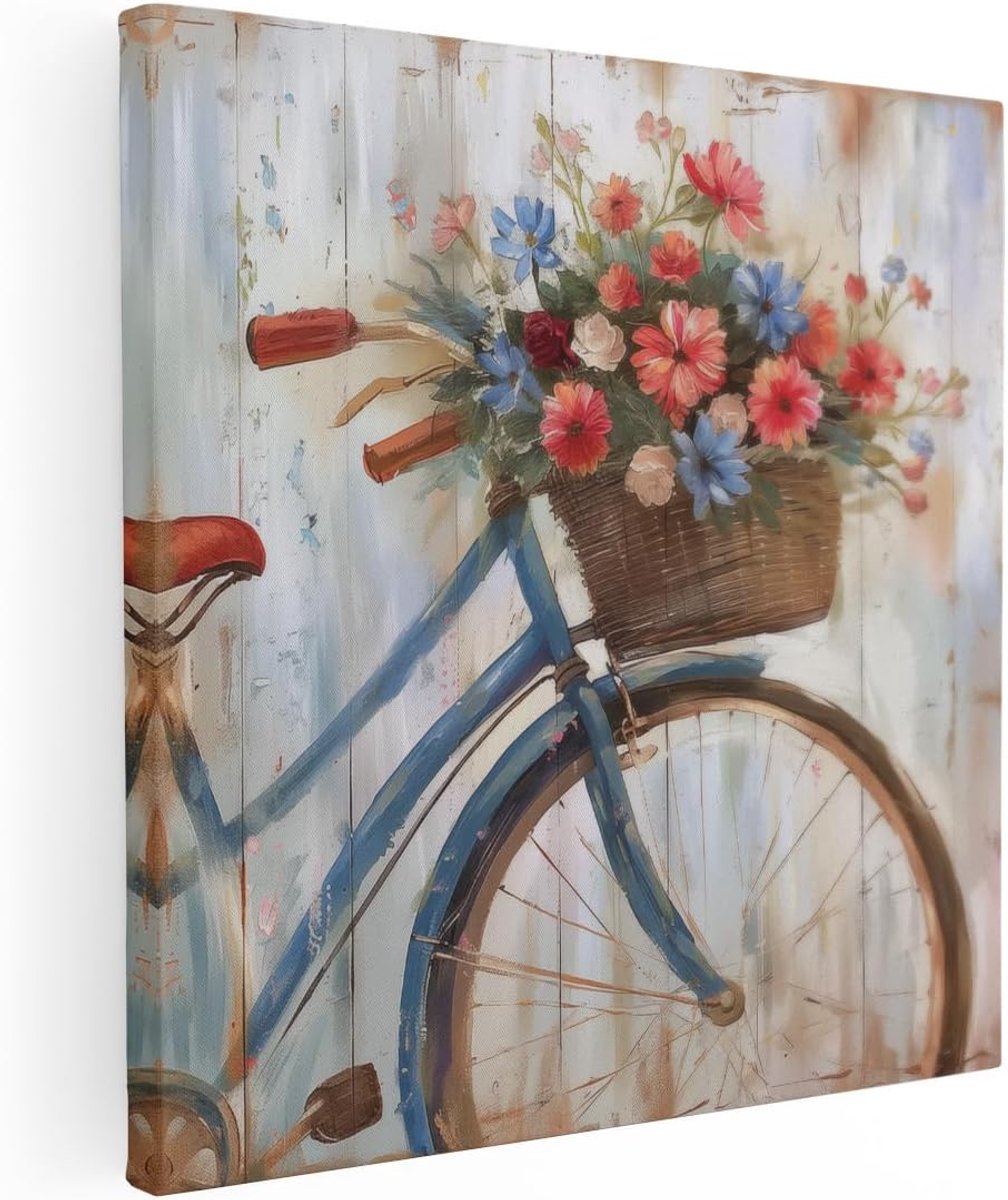 Canvas Schilderij Bloemenmand Fiets - 30x30 cm - Klein - Muurdecoratie Bloemen - Wanddecoratie Woonkamer - Schilderijen Op Canvas