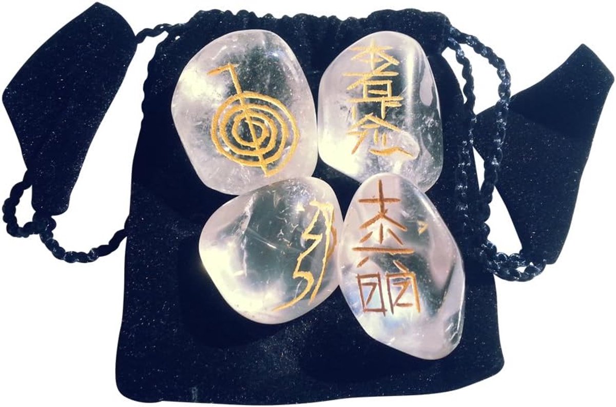 4 bergkristal trommelstenen met Usui Reiki symbolen