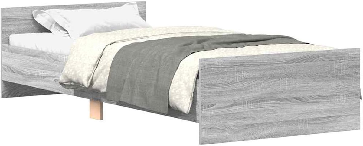 Bed met geïntegreerde lattenbodem, frame van spaanplaat en massief grenen, Sonoma-grijs, modern en stabiel design, voor de slaapkamer, incl. houten latten (zonder matras)