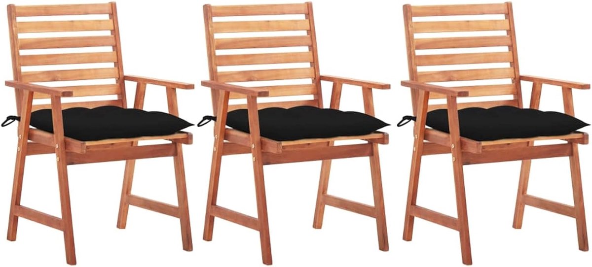 3 stuks Tuineetkamerstoelen met kussen, tuinstoel, tuinstoel, houten stoel, stoel, balkonstoel, terrasstoel, tuinmeubelen, stoelen, voor tuin, balkon, terras, massief acacia
