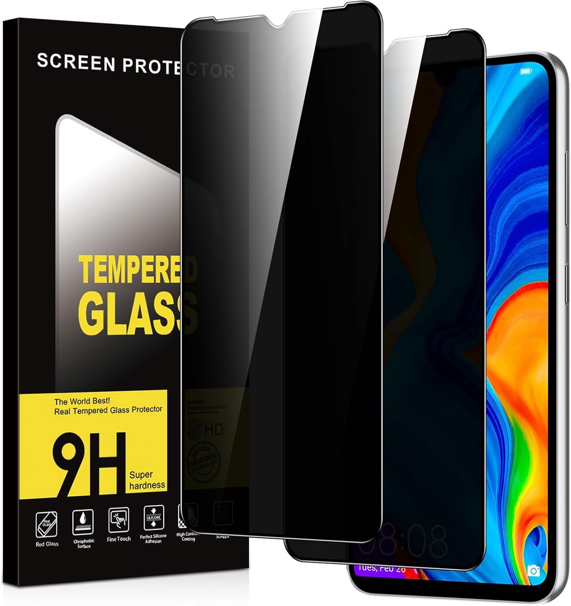Displaybeschermfolie voor Huawei P30 Lite/Nova 4e, gehard glas, hardheid 9H, anti-spy displaybescherming, krasbestendig, luchtbelvrij, anti-spion, veiligheidsglas, 2 stuks