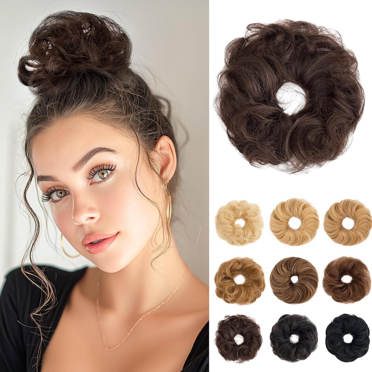 Haarstukjes, echt haar met elastiek, rommelige knot, donut, accessoire, 2 stuks, golvend haar voor dames, donkerbruin, gemêleerd, knotformer, echt Remy-haar, opgestoken kapsels, chignon