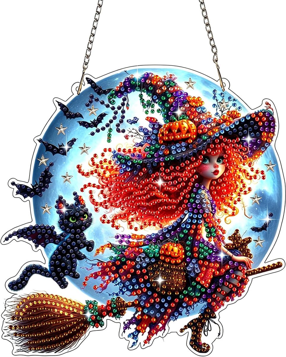 Halloween Hangende Diamant Zwarte Kat en Heks Hanger Kit voor Volwassenen Kinderen, 5D Gem Art Schilderij Kits voor Beginners, DIY Gem Arts Ambachten voor Thuis Tuin Muur Decor