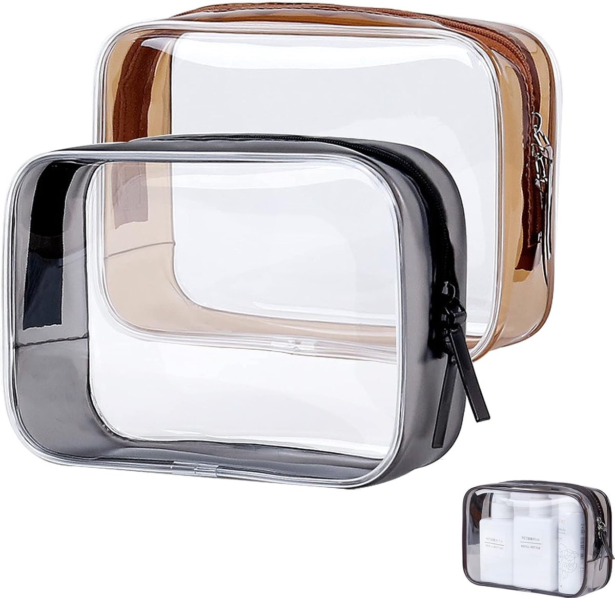 cosmeticatassen, 2 stuks, waterdichte make-uptas, draagbare make-uptas van pvc, make-uptas met ritssluiting, voor badkamer, vakantie, reizen (zwart + koffie, zwart, modieus