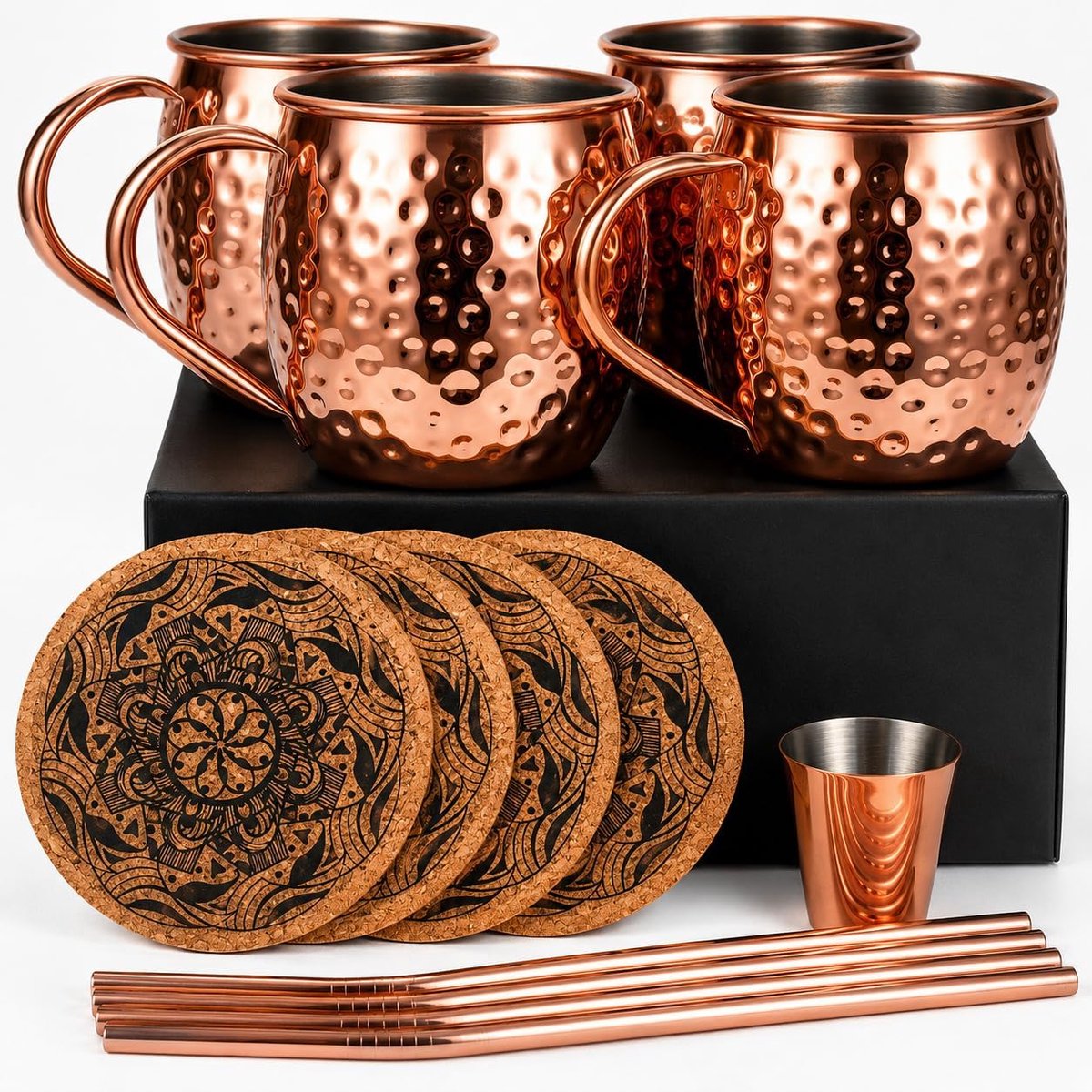 Muilezel koperen mok, gehamerd en handgemaakt, met 4 glazen, 4 onderzetters, 4 rietjes, 1 maatbeker voor bier, gin, wodka, cocktails