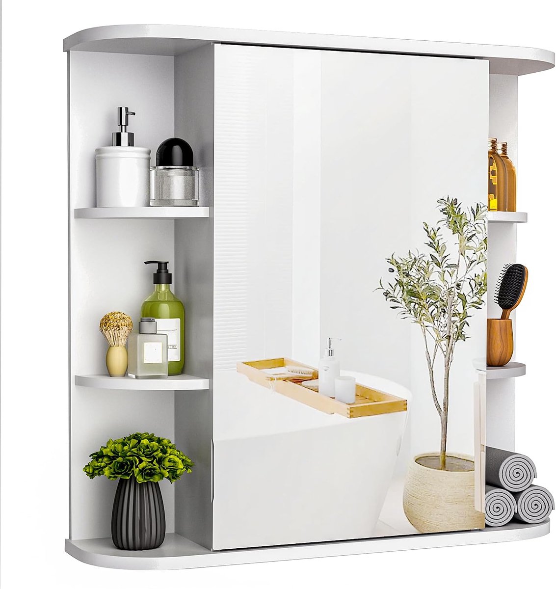 Badkamerspiegelkast, badkamerkast met grote HD-spiegel, wandgemonteerde opbergkast met verstelbare planken, opbergkast voor woonkamer, slaapkamer, wit, 68 x 60 cm