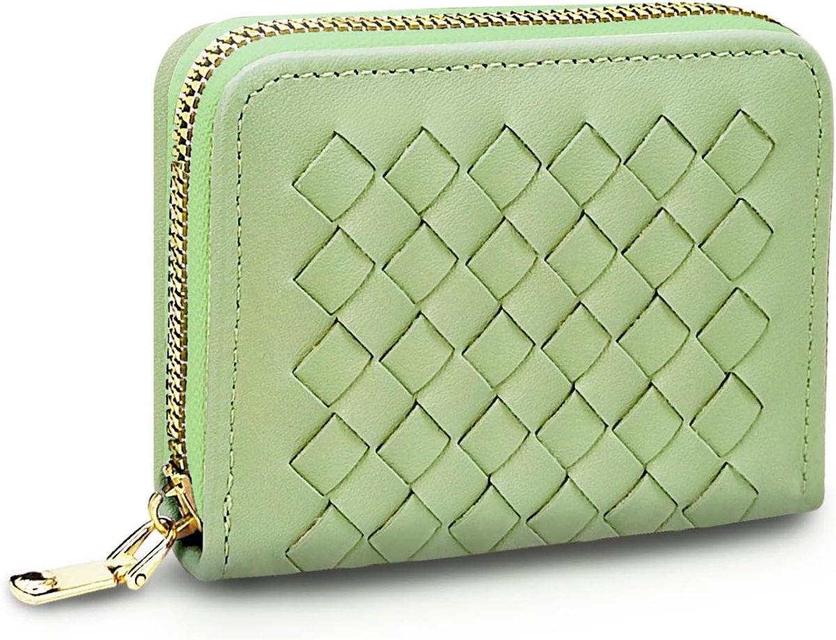 Compact creditcardhouder voor dames, orgelstijl, portemonnee met ritssluiting, PU-leer, kleine portemonnee met 9 kaartvakken, 2 cash vakken, groen, 11 x 2 x 8 cm, Minimalistisch